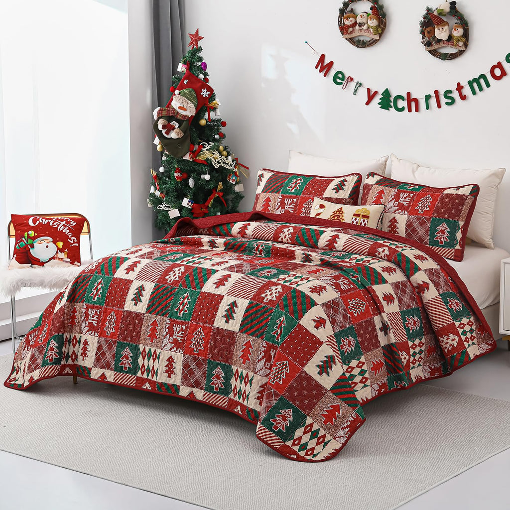 Christmas Quilt King Size, 3 Pcs Red Bedspread Bedding Set