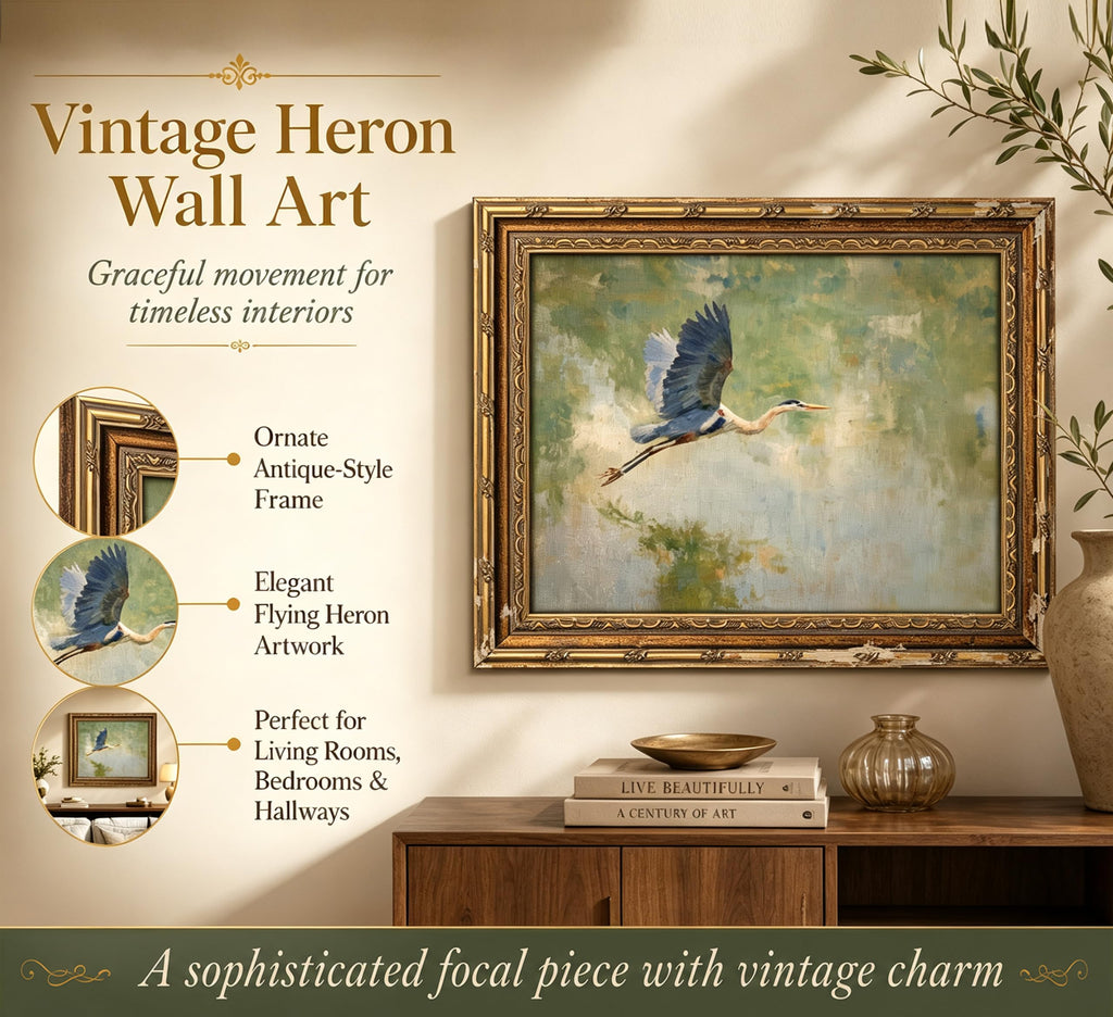 Vintage Gold Framed Heron Wall Art, Retro Impressionist Wetland Coastal Bird Oil Painting Canvas Print, Antique Blue