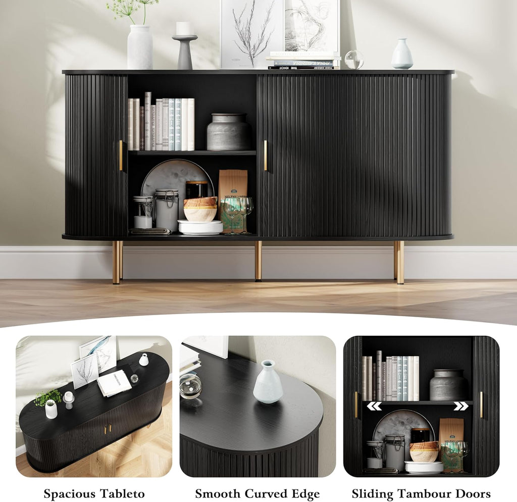 Sideboard Buffet Cabinet with Storage,Mid Century Modern Fluted Accent Coffee Bar Console Table,Tambour Sliding Doors&