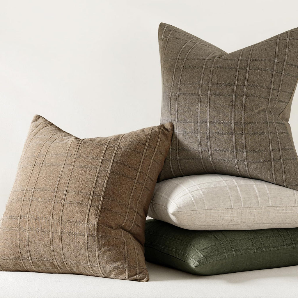 Linen Plaid Pillow Covers Fall Decorative 20x20 Light Brown