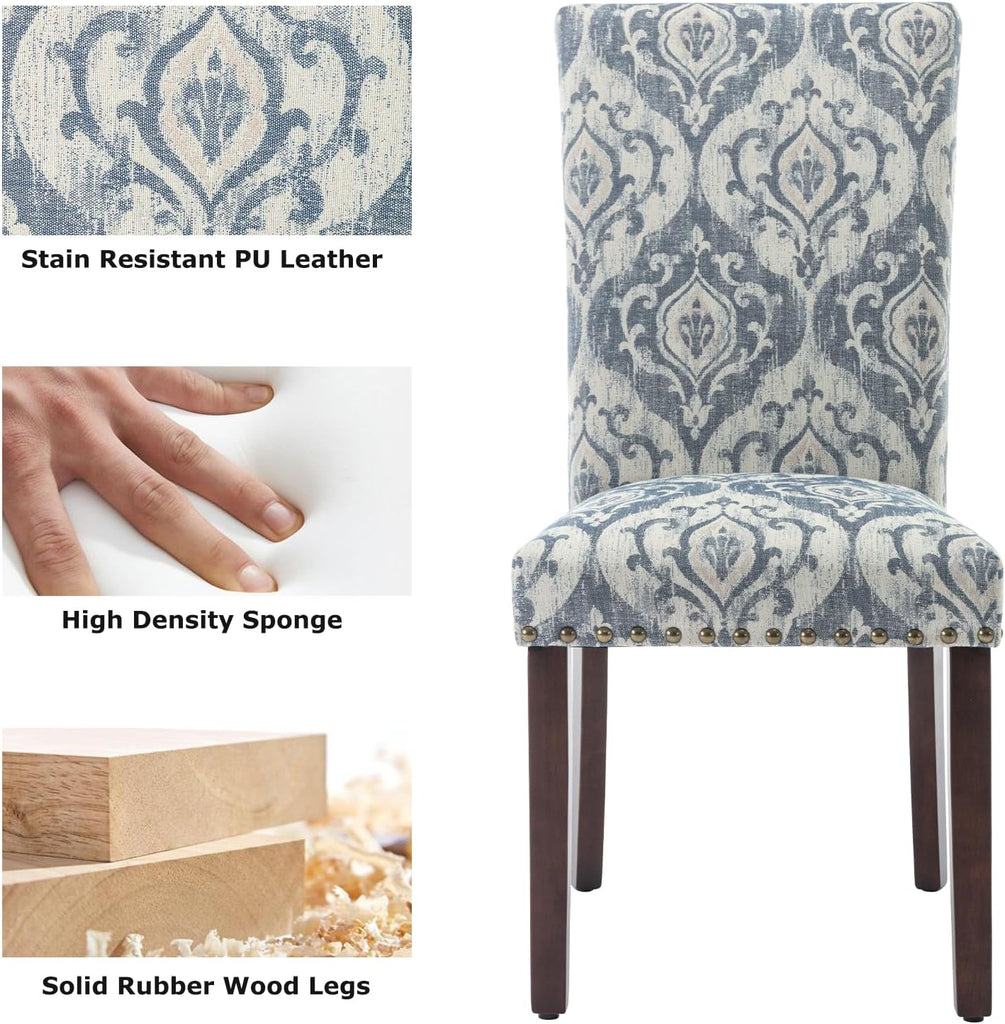 Upholstered Parsons Dining Chairs Set of 2, Fabric Dining Room Kitchen Side Chair with Nailhead Trim and Wood Legs