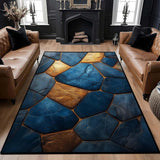 Marble Tiles Rug, Stone Tile Area Rug, Blue and Gold Geometry Marble Rugs