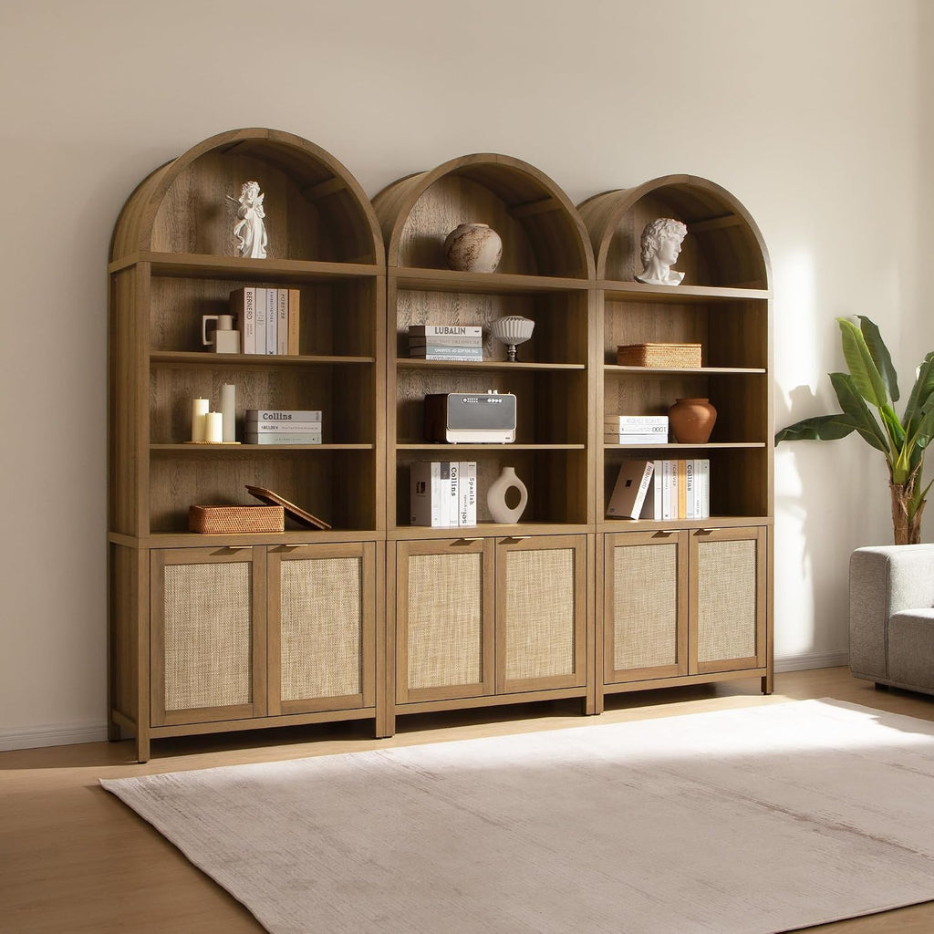 84.2" Tall Arched Bookcase with Doors - 5 Tier Rattan Bookshelf | Boho Arched Cabinet Large Book Shelf Case with