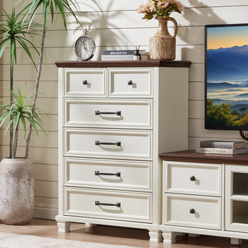 Farmhouse 6 Drawer Dresser, 45 Inch Tall Vintage Wood Chest of Drawers, Rustic Dressers w/Square Wooden Legs