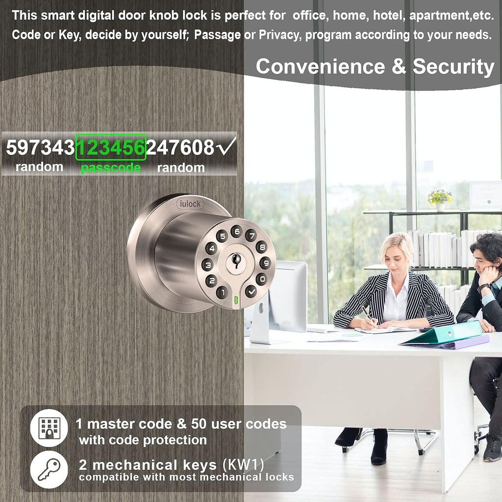 Waterproof Electronic Door Knob with Keypad and Key, Auto Lock, Satin Nickel, 50 Codes, Easy to use and install