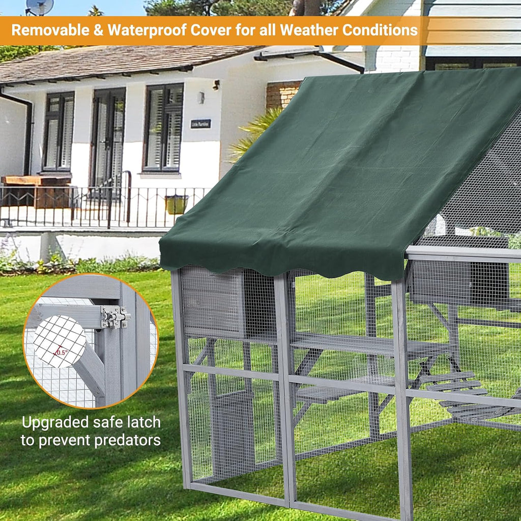 Large Wooden Outdoor Catio Cat Enclosure 110 Inch Weatherproof Walk-in Cat House with Resting Boxes & Bridges