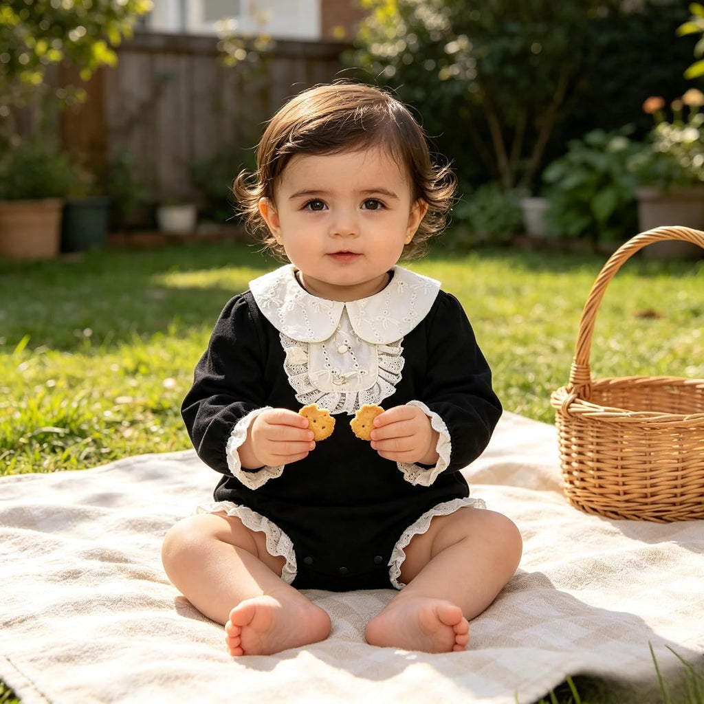 Vintage Newborn Girls Black Lace Trim Peter Pan Collar Bubble Romper