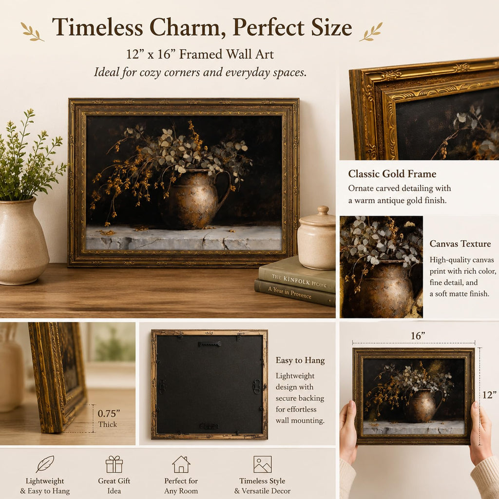 Gold Framed Vintage Eucalyptus Canvas Wall Art Rustic Farmhouse Copper Vase Botanical Pictures Print Moody Autumn