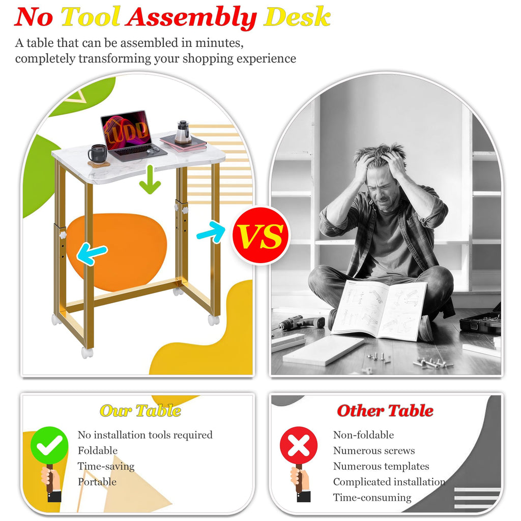 No Tools Assembly Folding Desk, 27.5" Mobile Computer Desks with Wheels, Foldable Writing Fold Table, Portable