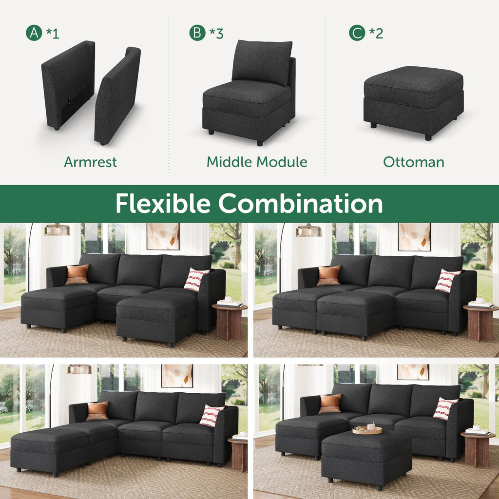 Modular Sectional Sofa with Storage U Shaped Sectional Sofa, Convertible Couches - Linen Grey
