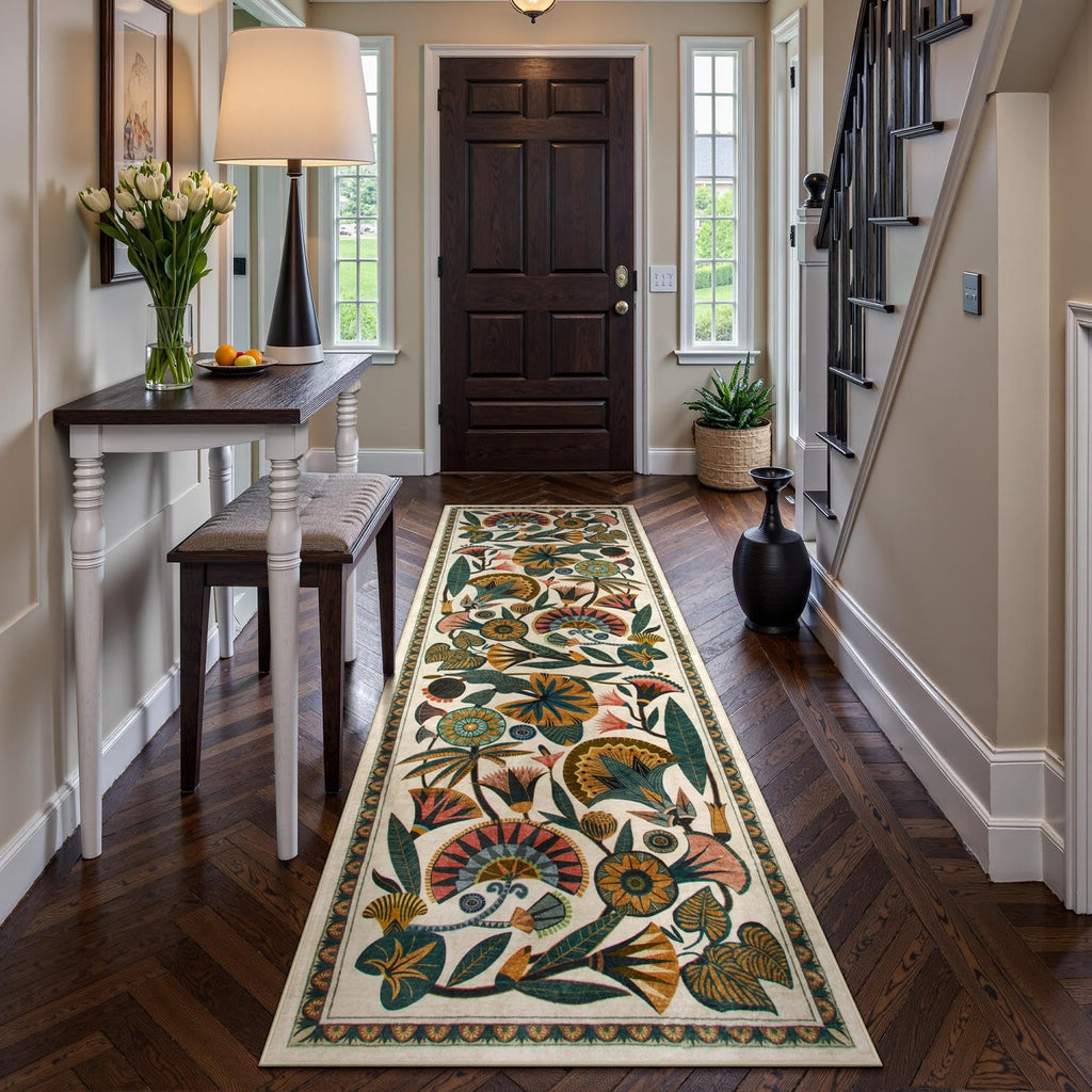 Washable Kitchen Runner Rug, Floral 2x6 Rug Runners s, Washbale Non Slip Beige Rugs, Soft Low Pile Carpet Entryway