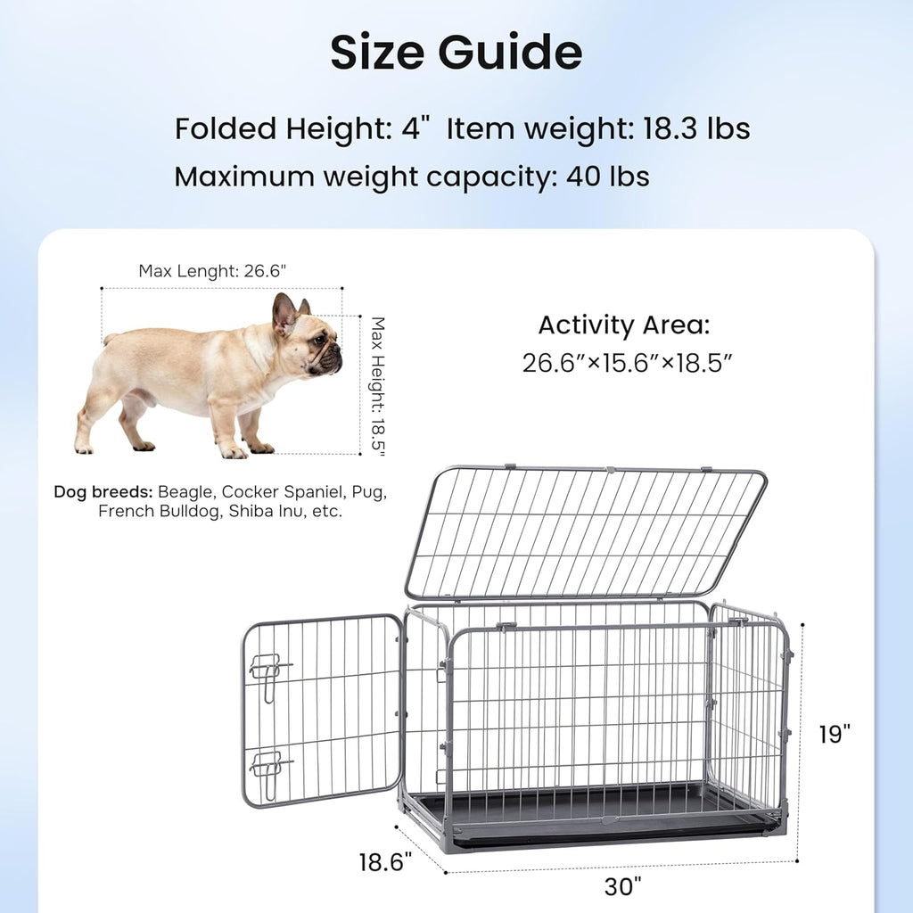 Collapsible Dog Crate for Small Dogs - 30 inch Escape Proof Metal Dog Kennel with Double Door