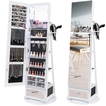Swivel Jewelry Armoire, Full Length Mirror, Large Bottom Drawer