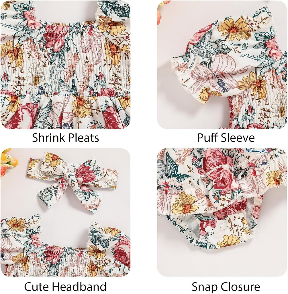 Baby Girl Romper Dress, Puff Sleeve Smocked Outfit with Headband for Infants Soft Cotton Photo Shoot