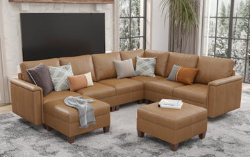 Faux Leather Sectional Sofa, 6 Seater V-Shaped Couch, Brown