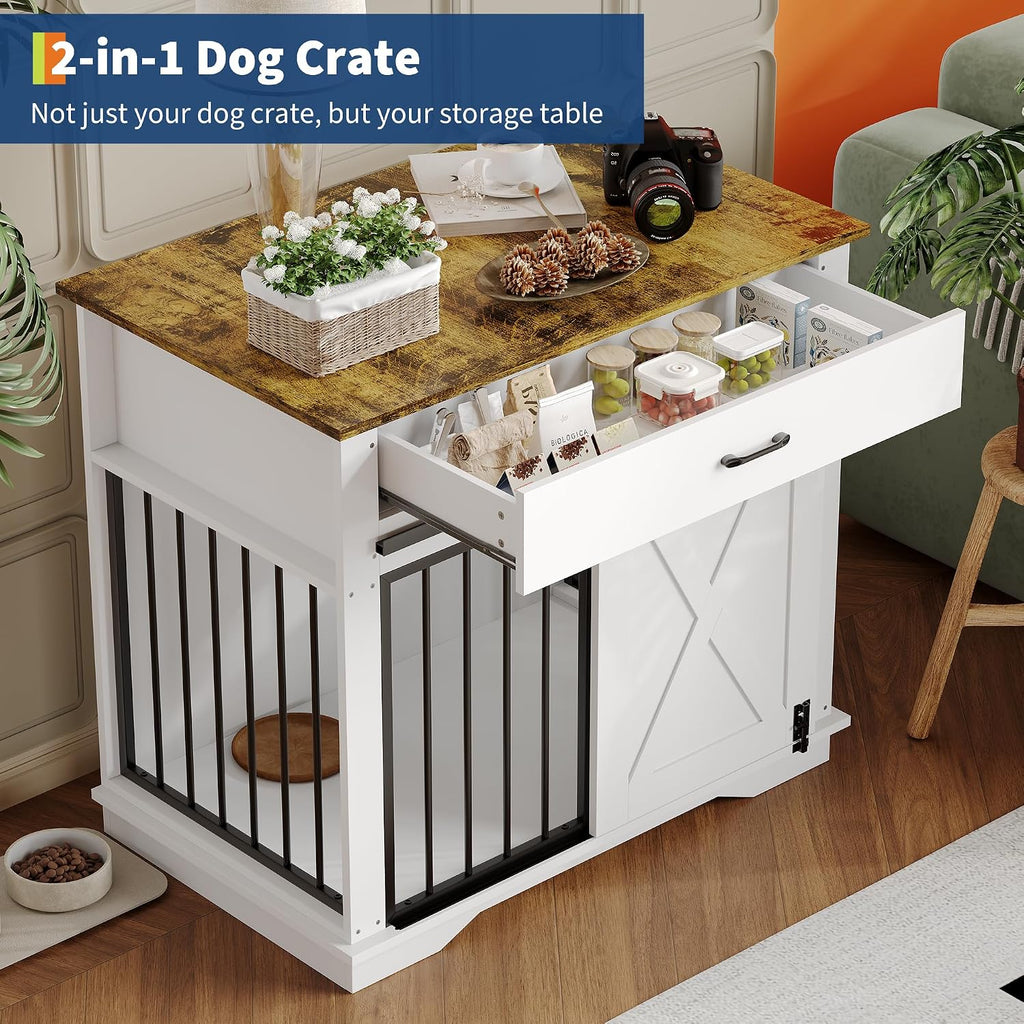 38" Farmhouse Style Dog Crate Furniture - Indoor Wooden Dog Kennel with Sliding Barn Door, Buffet Cabinet