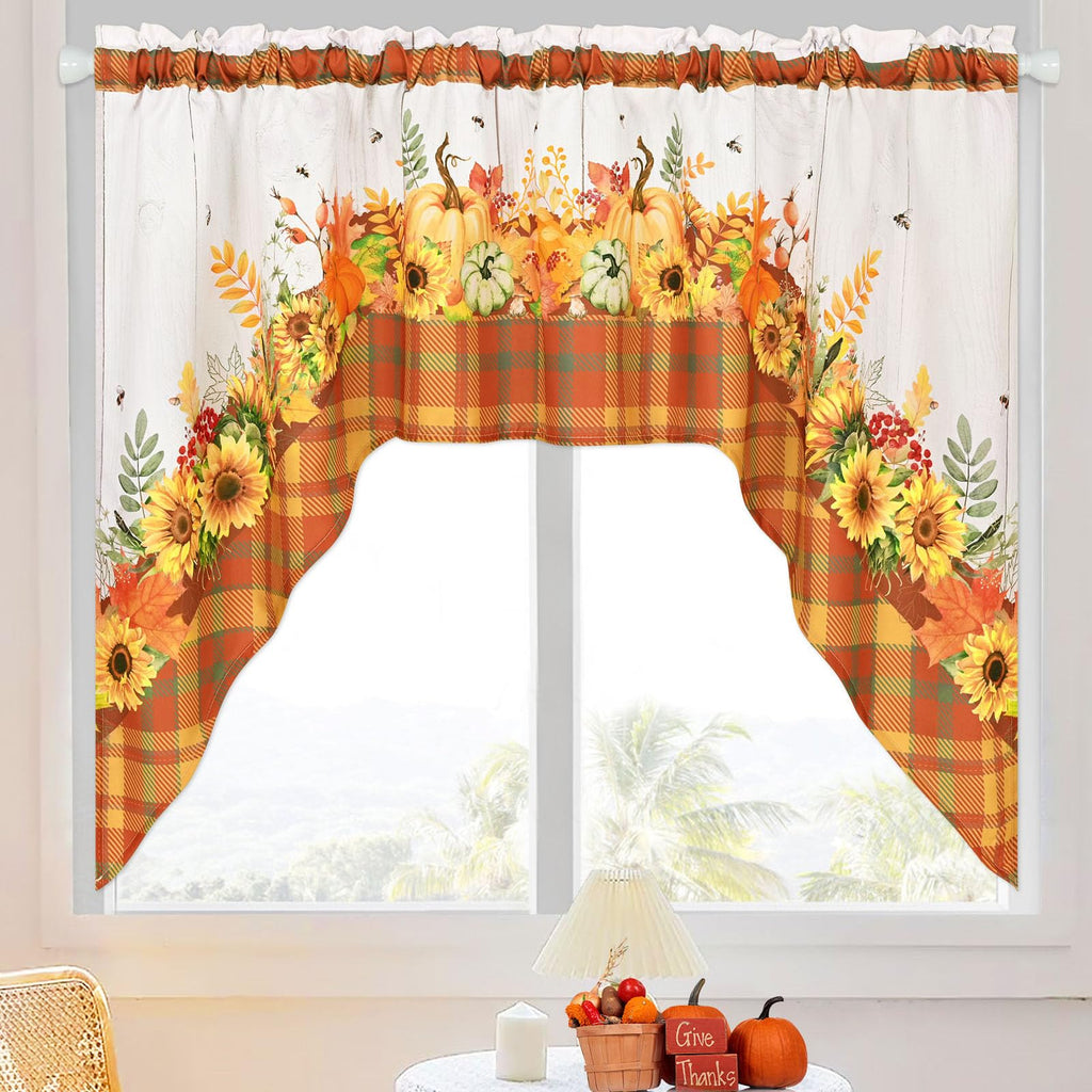Fall Thanksgiving Swag Curtain - Pumpkin Sunflower, Buffalo Plaid Kitchen Curtain - 61" W x 36" L, 1 Panel Rod Pocket
