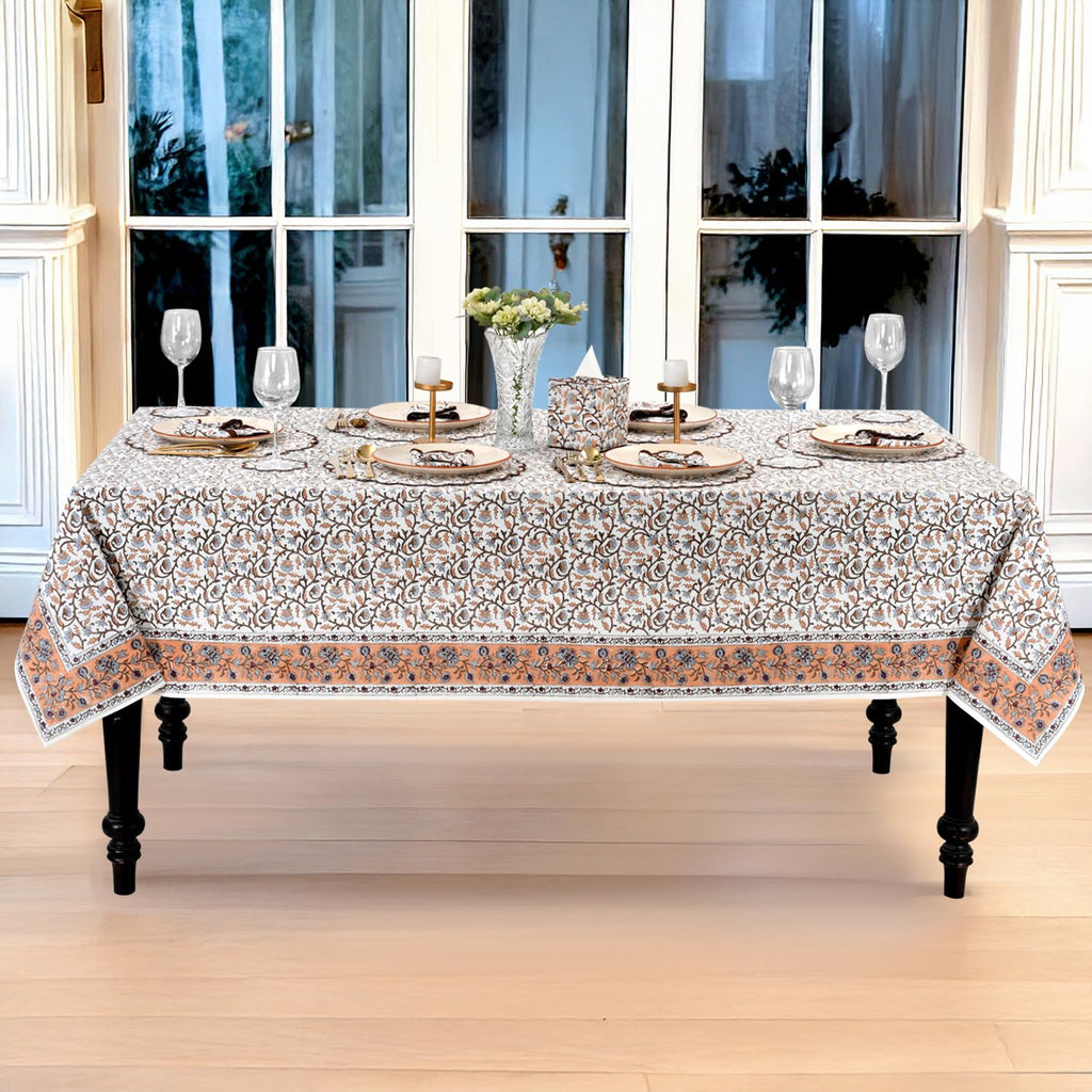 Brown Meadow Vine Hand Block Print Rectangle Tablecloth 108x70 Inch