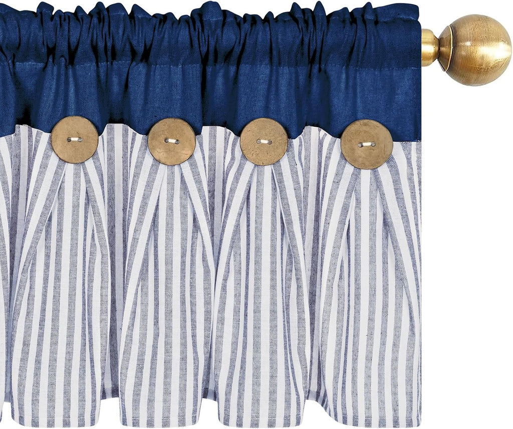 Farmhouse Valances for Windows, Boho Kitchen Curtains with Rustic Buttons, Blue Striped Valance, Cotton Linen Window
