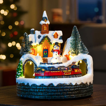 Animated Musical Christmas Village Figurines - Church Building and Snowman Statues with Rotating Train, LED Lights