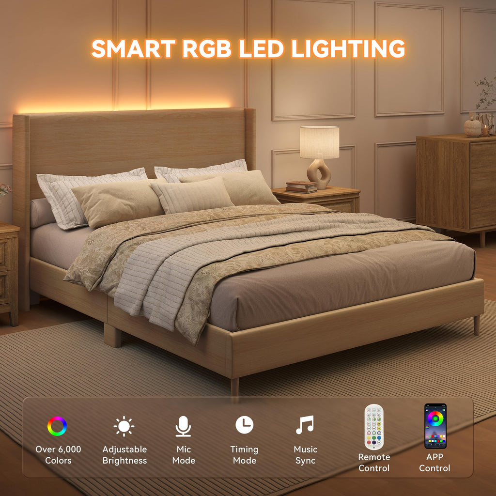 King LED Bed Frame, Faux Leather Natural Oak Grain Printed Finish