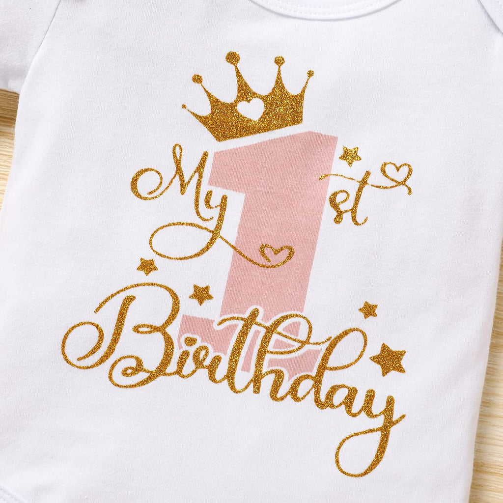 Baby Girl Birthday Cake Smash Outfit Toddler Girl My 1st Birthday Romper Tutu Skirt with Headband Clothes Set