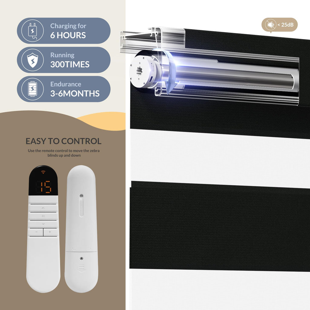 Motorized Zebra Blinds with Remote, 65% Filtering Zebra Roller Window Shades, Wireless Electric Zebra Blinds, Built