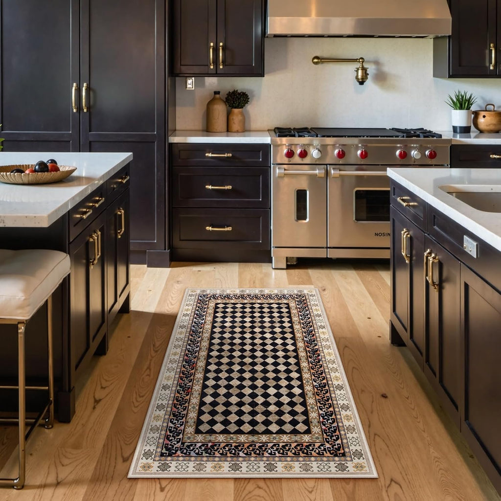 Washable Checkered Kitchen Rug, Black and Brown Trellis Rugs, Stain Resistant Non Slip Funky Carpet Throw Rugs