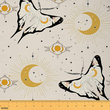 Moth Fabric By The Yard, Halloween Gothic Upholstery Fabric, Sun Moon Decorative Fabric, Starry Sky Galaxy Geometric