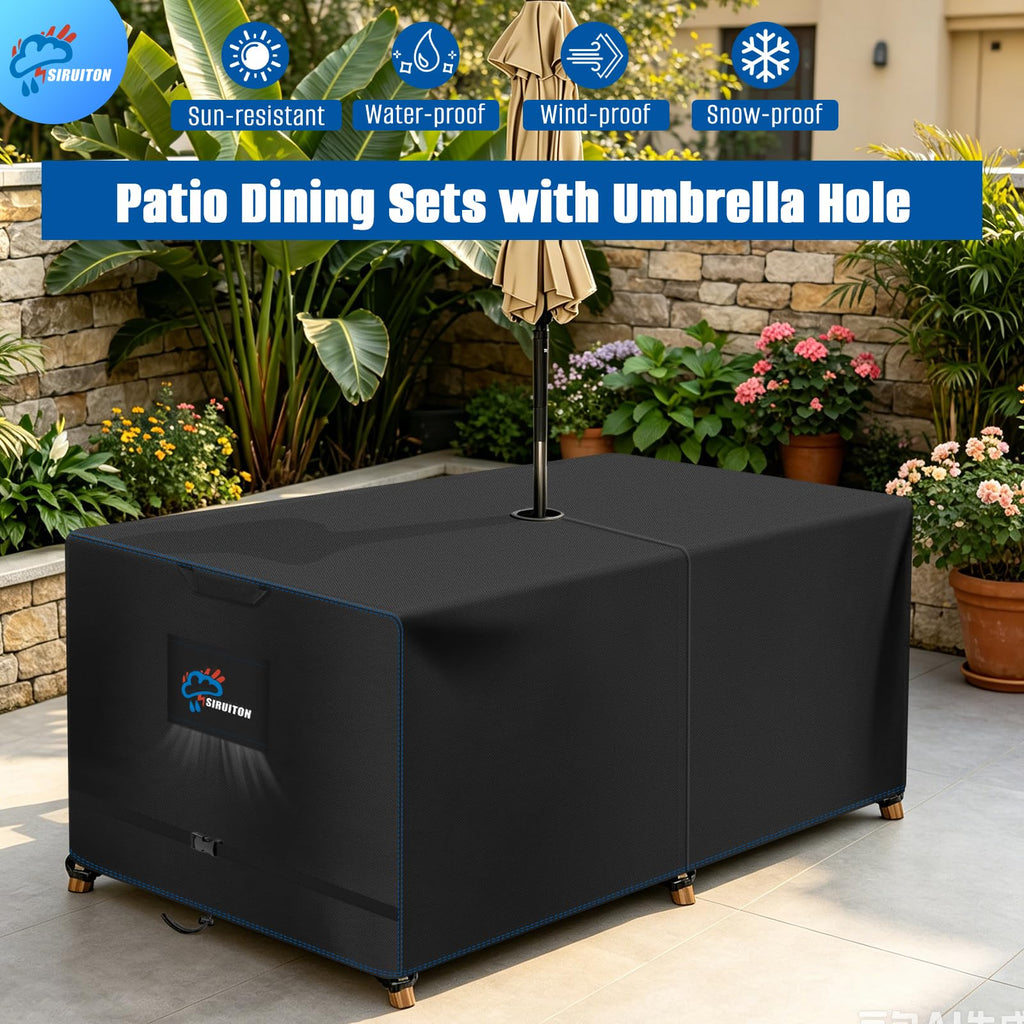108" Rectangular Patio Dining Table Cover with Umbrella Hole 600D