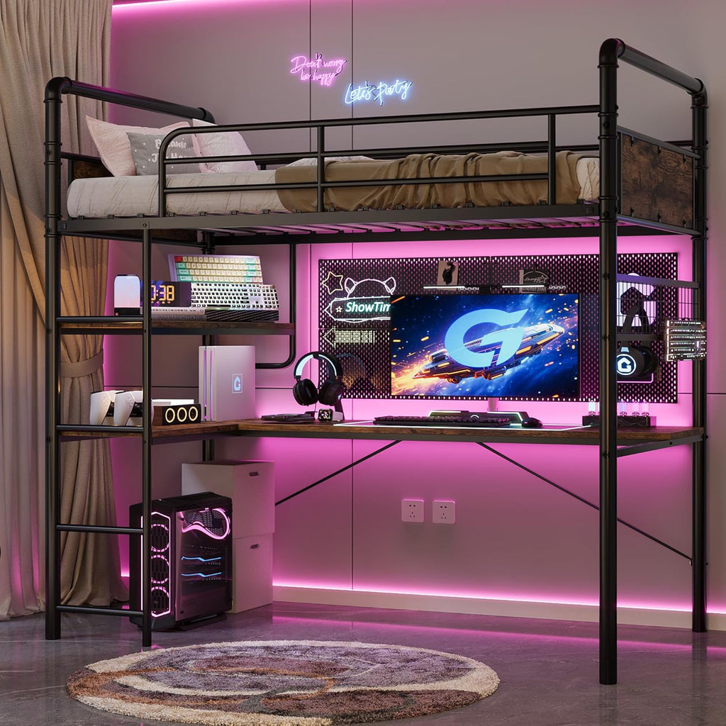 Loft Bed Twin with l-Shaped Desk, Metal Bunk Bed with 2 Open Shelves and Decorative Mesh