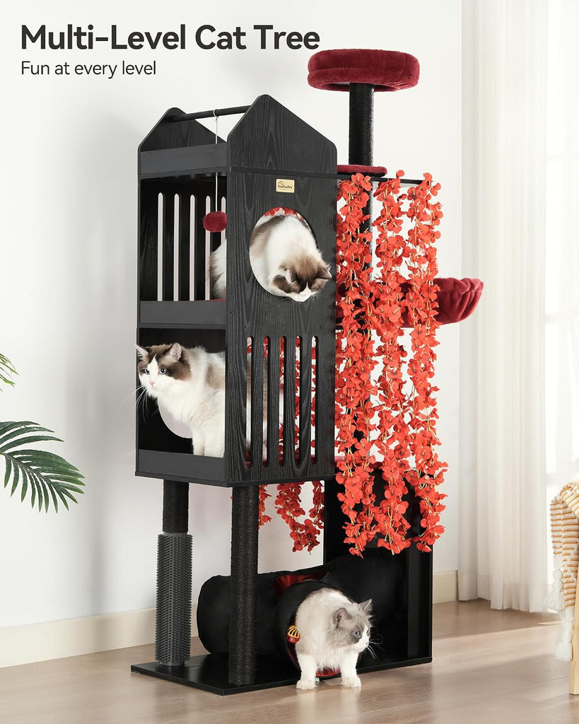 Gothic Cat Tree with Leaves, 67" Tall Cat Tower, Anti-tip Kit