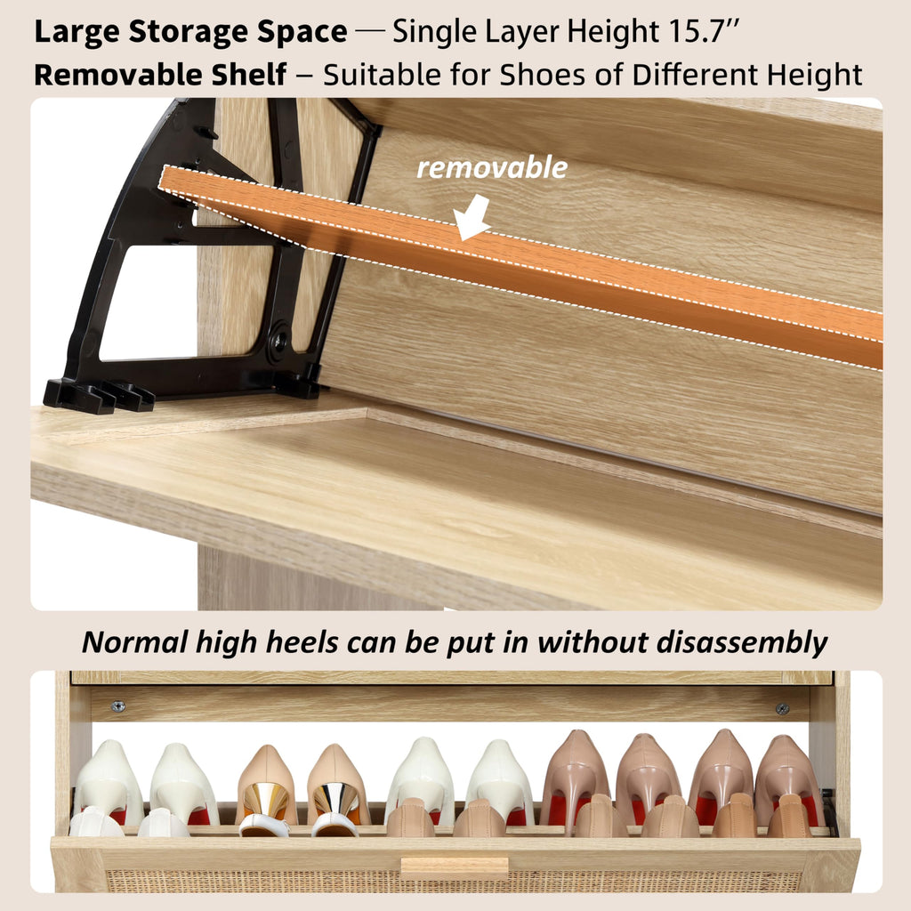 Extended Edition Shoe Cabinet with Natural Rattan Flip Drawers, Free Standing 2 Tier Slim Shoe Organizer with Large