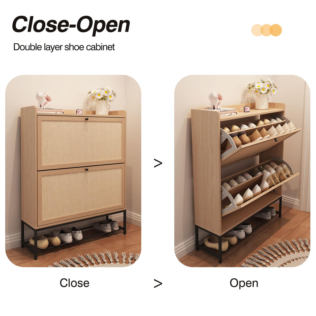 Narrow Shoe Storage Cabinet with 2 Flip Drawers, Freestanding Shoe Organizer Slim Shoe Cabinet Storage, Wooden Closed