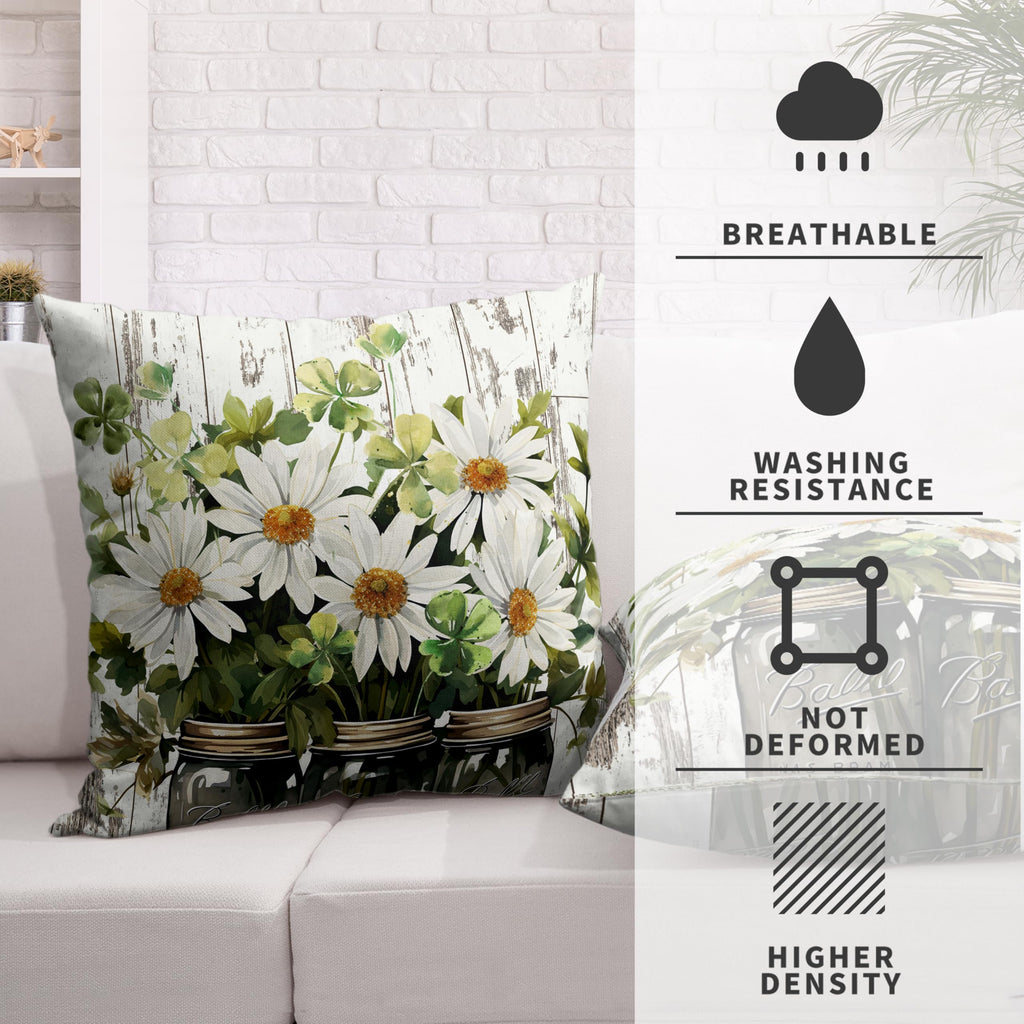 Daisy Flower Pillow Covers 16x16 Spring Vase Throw Pillow Covers Retro Wooden Style Pillow Case Spring Summer Cotton