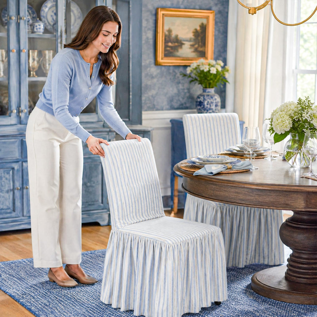 Ruffled Dining Chair Covers, Set of 4, Blue Stripe