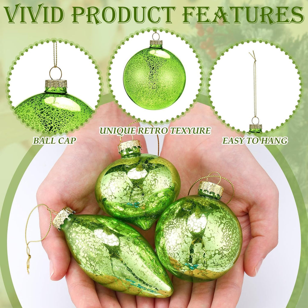 12 Pcs Lime Green Mercury Glass Christmas Ball Ornaments Vintage