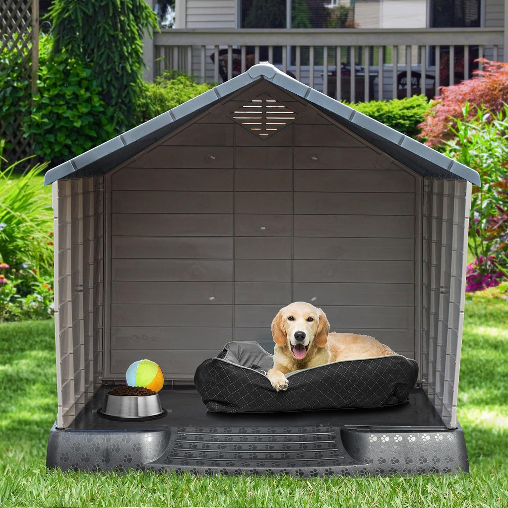 Plastic Dog House, Waterproof Indoor Outdoor Doghouse for Large or Small Dog, with Air Vents and Elevated Floor, Easy
