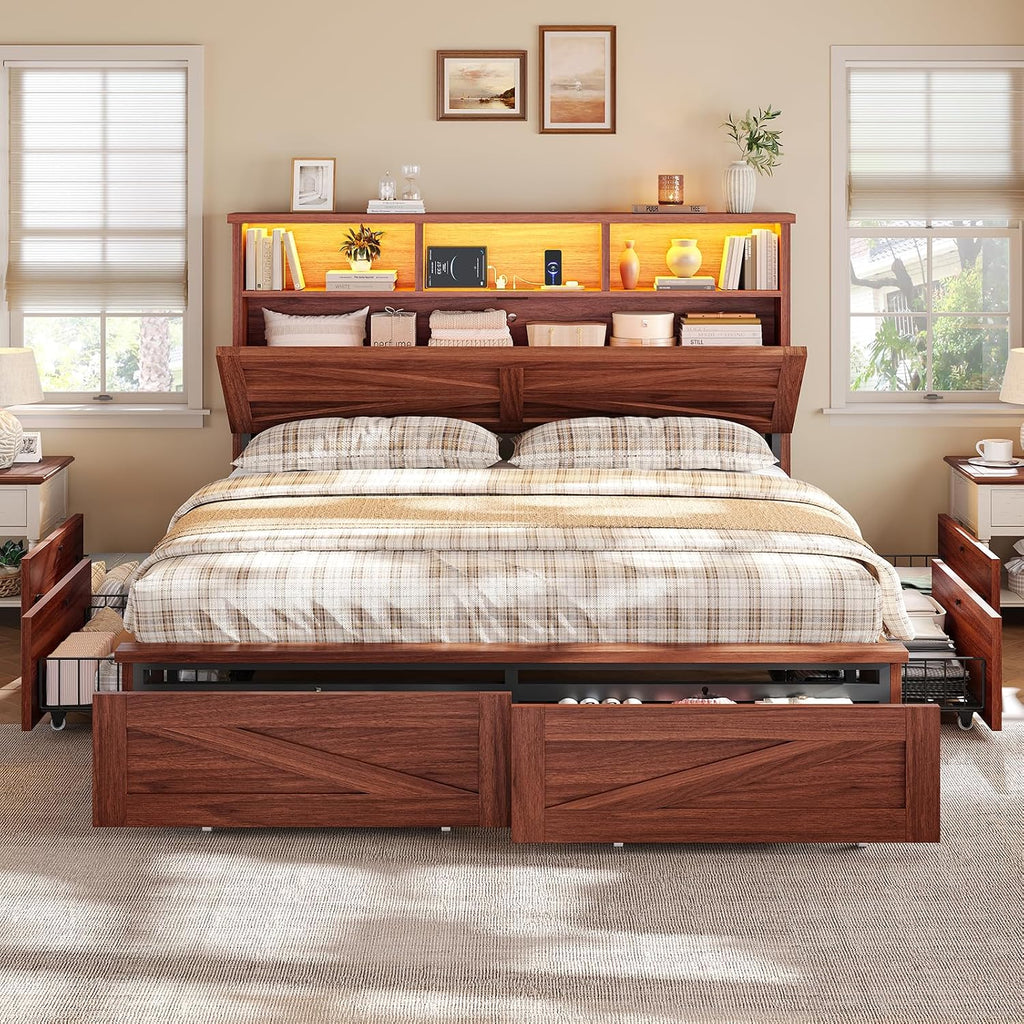 Queen Bed Frame with 6 Drawers, Farmhouse Bed Frame with Barn Door Headboard and Storage, Wood Platform Bed Frame