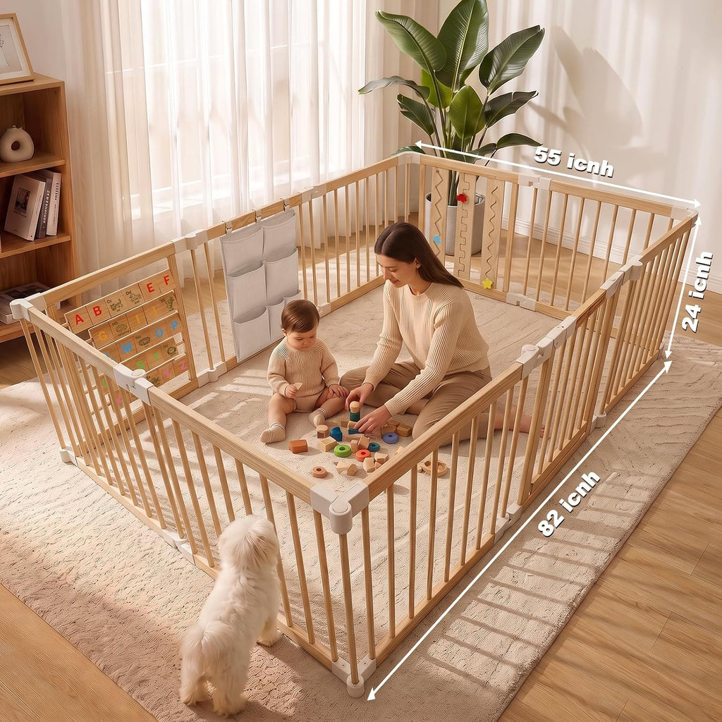 Adjustable 10-Panel Wooden Baby Playpen, 82x55x24 in | Natural Wood Play Pen, Foldable Design with Child Safety Lock