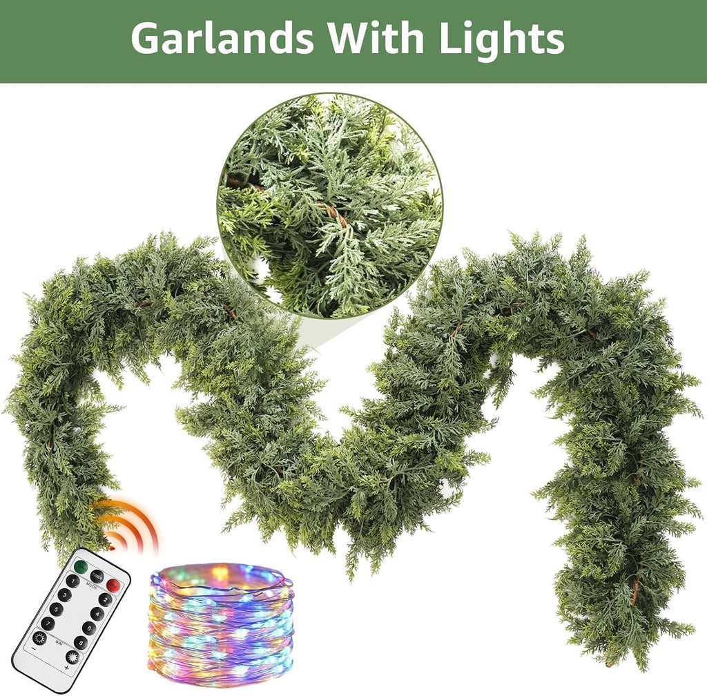 Cedar Christmas Garland with Lights for Mantle - 2 Pack Decorations 9ft Realistic Lighted Faux Pine Garlands for Xmas