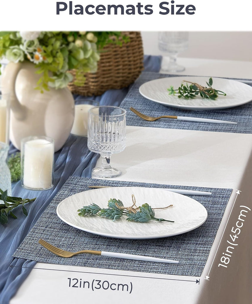 Deep Navy Woven Placemats - Heat Resistant Non-Slip Place mats for Dining Table, Washable Durable PVC Vinyl - Set of 6