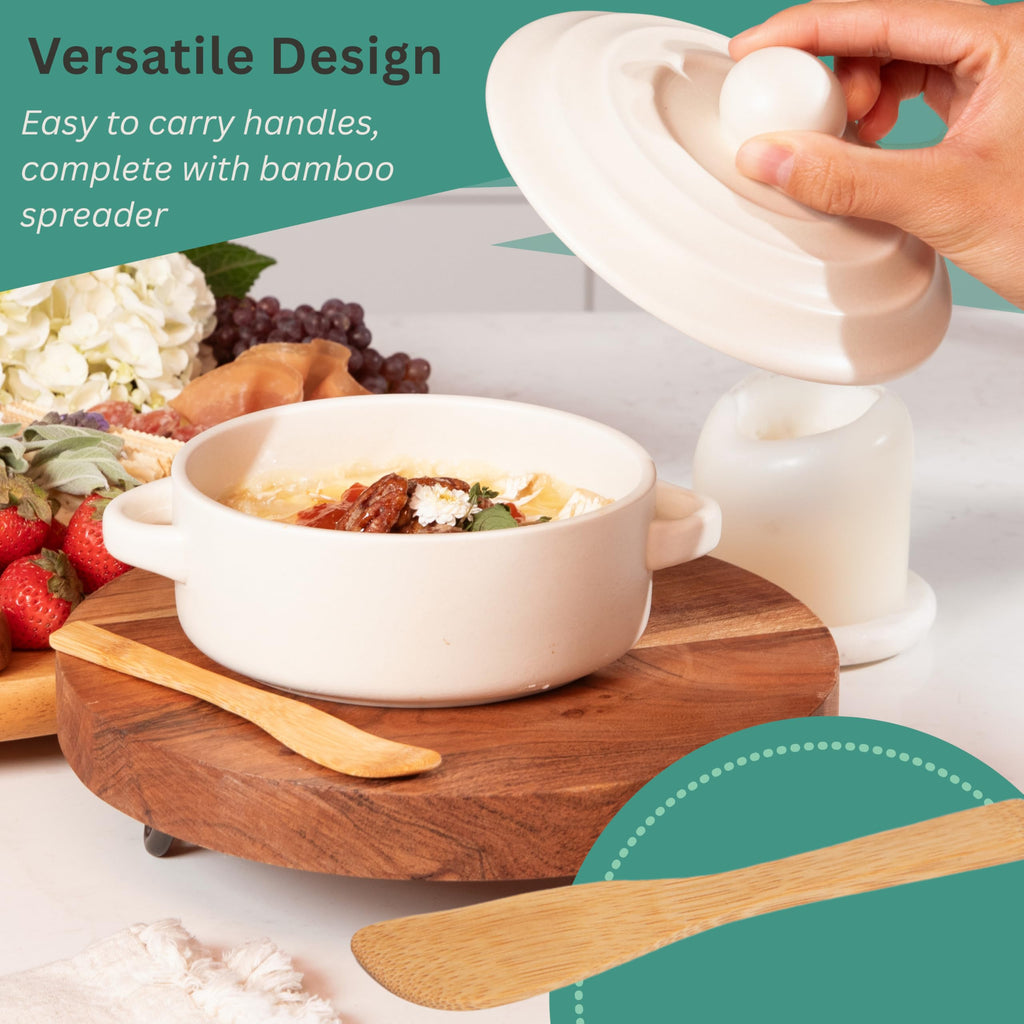 Brie Baker with Lid and Spreader - White Ceramic Baking Dish for Cheese, Baked Brie, Fondue, Dip - Oven Safe Baker