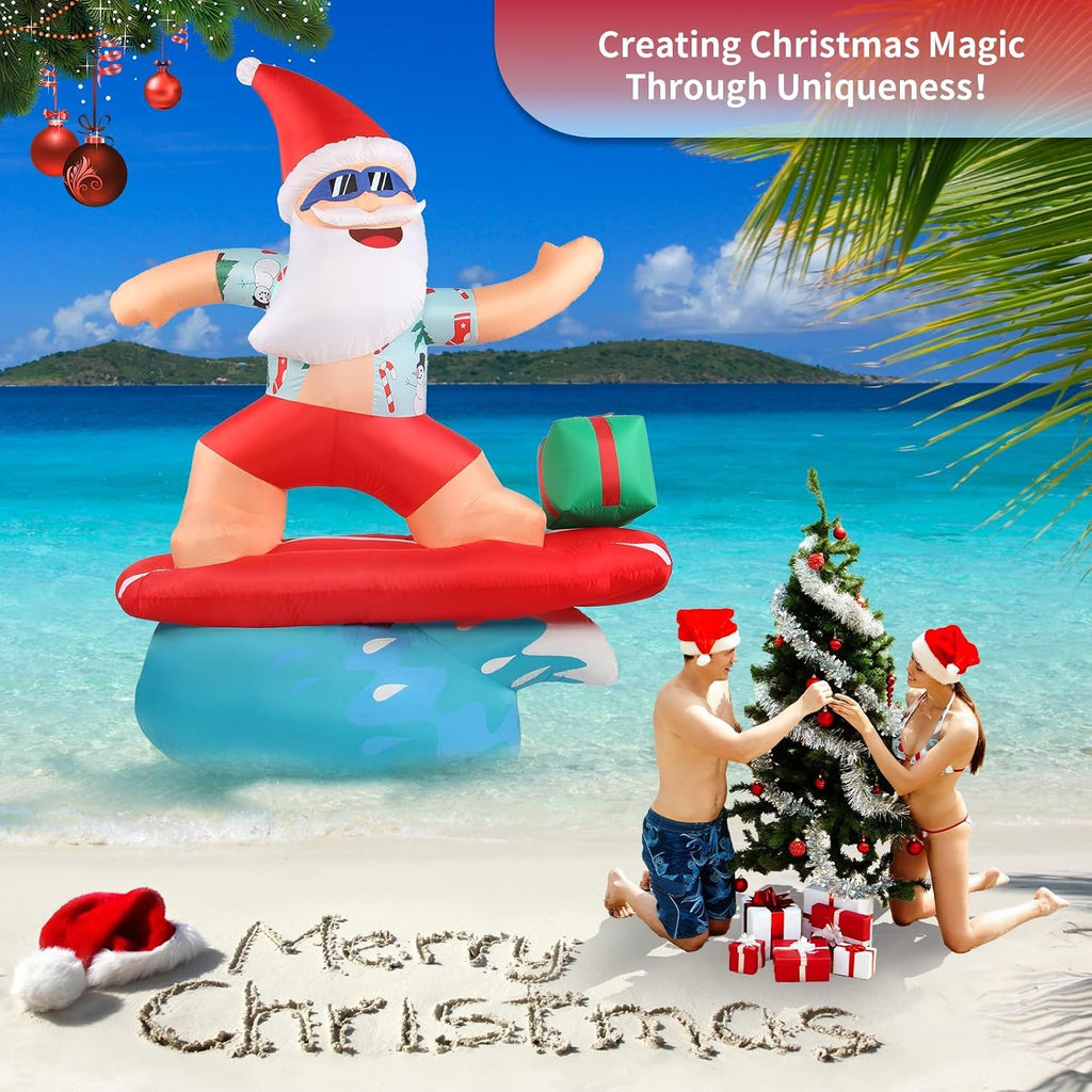 Christmas Santa Inflatable Decorations Outdoor 6.5FT Beach Surfing Hawaiian Tropical Blowups with Build-in LEDs Blow