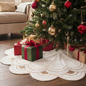 60" Beaded Christmas Tree Skirt Velvet Sequin Xmas Tree Mat,White