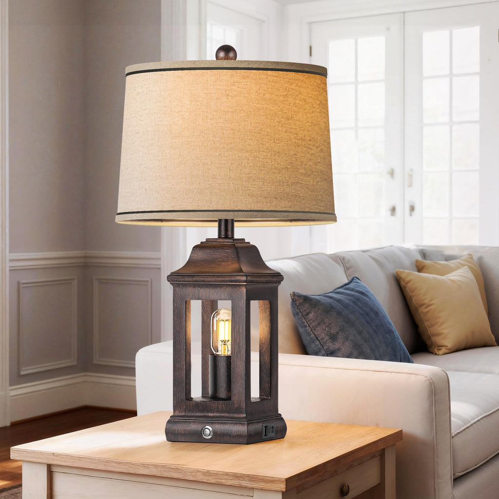 24" Rustic Farmhouse Table Lamps, Single Pack Touch Dimmable Nightlight Vintage Bedside Lamps with USB A+C Ports &