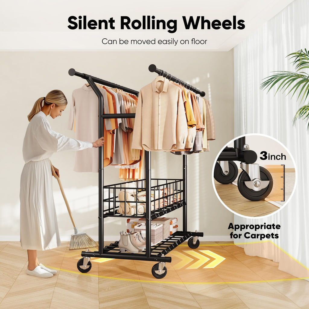 Heavy Duty Clothes Rack Load 635 LBS Adjustable Double Rod Black