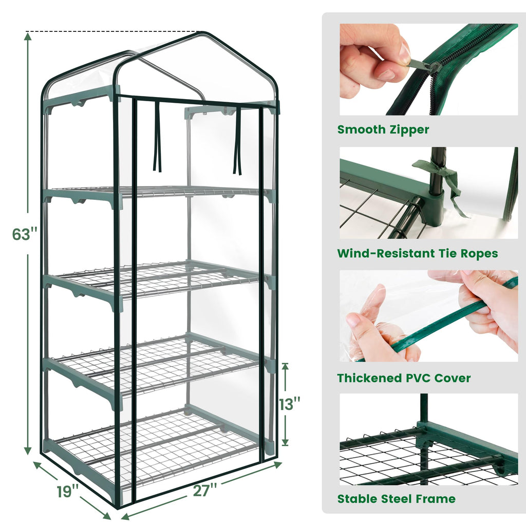 4 Tier Mini Greenhouse - 63'' H x 27'' L x 19'' W - Sturdy Portable Gardening Shelves with PVC Cover - Small Green