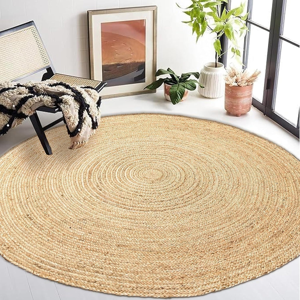 Hand Woven Natural Jute Braided Rug - 6' Round | Rustic Boho Farmhouse Reversible Area Rug