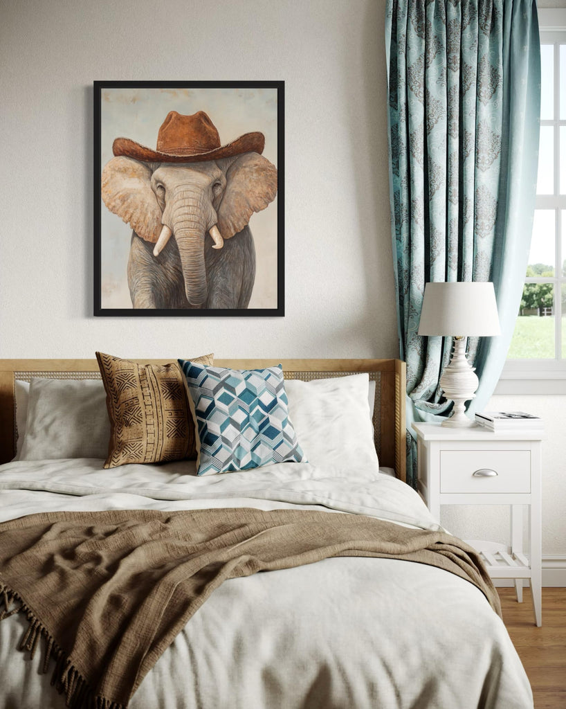 Elephant Cowboy Black Framed Art Print Poster Wall Art, Western Country Farmhouse Wild West Art Decor 58 (Elephant